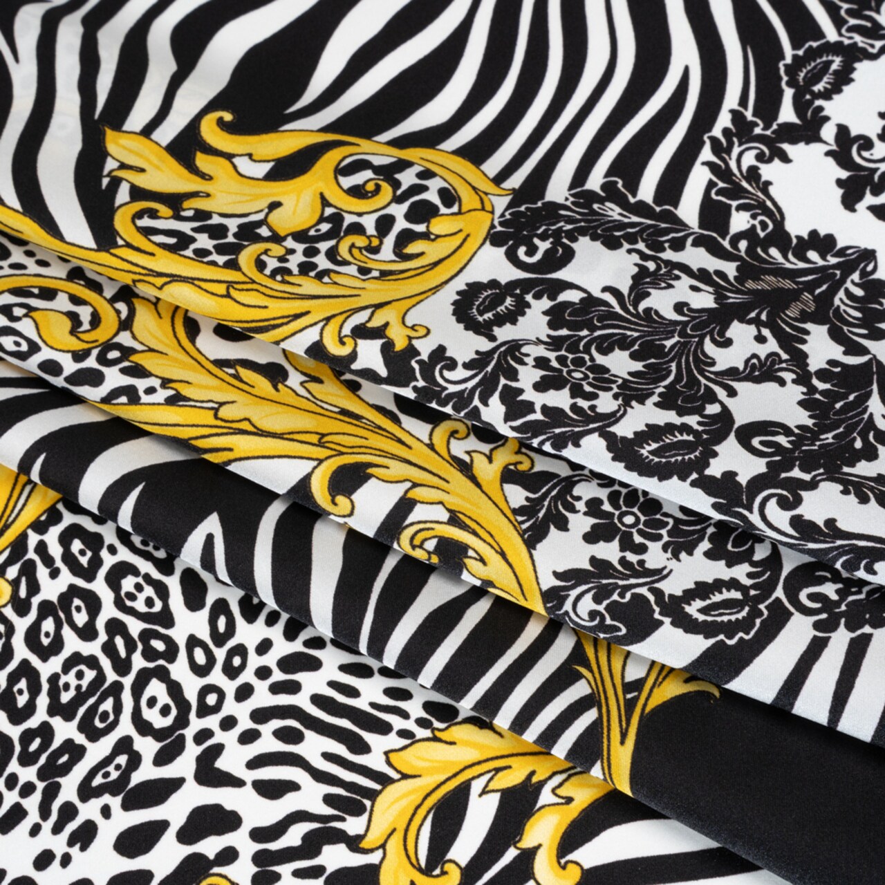 1 Yard Italian Silk Charmeuse Print Fabric Black, White & Yellow Gold Floral Scroll Patchwork with Greek Key Border, 53 Inch Width